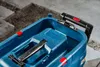 Close-up view of the interior of a blue Bosch tool box with a black handle and red latches. Anteprima dell’immagine prodotto
