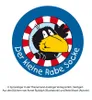 Illustration of a cartoon raven character within a circular frame, with text around it and below. Produktbild-Vorschau