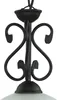 A close-up view of the decorative metalwork of a black chandelier. Produktbild-Vorschau
