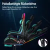 A futuristic gaming chair with integrated LED lights, shown in a reclined position with angle indicators. Produktbild-Vorschau