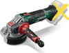 A cordless angle grinder with a red and black auxiliary handle, shown against a white background. A yellow 'X' symbol is overlaid on the area where the battery would attach, indicating it is not included. Produktbild-Vorschau