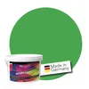 A bucket of green paint with a colorful label and a 'Made in Germany' sticker, set against a large green circle. Produktbild-Vorschau
