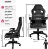 A collage showing different views and measurements of a black ergonomic office chair. Náhled obrázku produktu