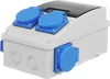 A close-up studio shot of a gray electrical distribution box with blue outlets and a black transparent cover. Produktbild-Vorschau