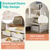 A split image showing details of a white bunk bed with storage. Produktbild-Vorschau