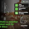 A person is riding a bicycle in the background, with a product image and feature callouts in the foreground. Produktbild-Vorschau