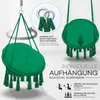 A green hanging chair with tassels, shown from multiple angles and with informational graphics. Podgląd zdjęcia produktu