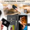 A person is holding a black wallet card in front of a wallet case for a phone. Produktbild-Vorschau