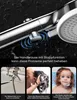 A collage of images showcasing a shower head with a stop function, demonstrating its benefits. Produktbild-Vorschau