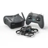 A drone, FPV goggles, and a remote controller are arranged on a white background. Produktbild-Vorschau