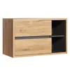 A product shot of a modern cabinet with wood-grain finish and gray accents. Produktbild-Vorschau
