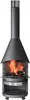 A freestanding outdoor fireplace with a chimney, showing a fire burning inside. Produktbild-Vorschau