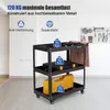 A black three-tier tool cart with tools and toolboxes on it, in a workshop or garage setting. Náhled obrázku produktu