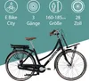 A black electric bicycle with informational icons and text above it. Produktbild-Vorschau