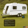 A white caravan is parked on a grassy area, with yellow text boxes below providing information. Náhled obrázku produktu