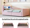 A pink upholstered bed with LED lighting and storage drawers, shown with a mattress and bedding. Below the main image, there are two smaller images showing the bed frame from the back, highlighting the interchangeable headboard. Náhľad obrázku produktu