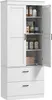 A white pantry cabinet with two doors and two drawers, filled with various food items and containers. Podgląd zdjęcia produktu