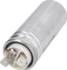 A close-up shot of a cylindrical capacitor with silver metal casing and white plastic connectors. Produktbild-Vorschau