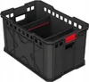 A black plastic storage crate with red accents, shown from a three-quarter angle against a white background. Voir les images du produit