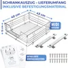 A collage of images showing a chrome wire storage basket, drawer slides, screws, and instructions for assembly. Náhľad obrázku produktu