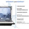A close-up view of an open dishwasher with water splashing, next to a list of product features. Produktbild-Vorschau