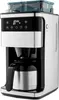 A silver and black coffee maker with a blue bean hopper on top, set against a white background. Produktbild-Vorschau