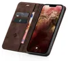 A brown leather flip case for an iPhone 13 Pro Max, showing the phone screen and card slots. Produktbild-Vorschau