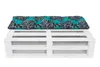 A white wooden pallet bench with a cushion on top, set against a white background. Produktbild-Vorschau