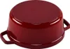 The bottom of a red cast iron pot is shown against a white background. Voir les images du produit