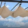 A close-up view of a beige fabric sunshade canopy attached to a dark metal frame, with a blue sky and clouds in the background. Produktbild-Vorschau