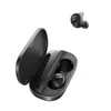 A pair of black wireless earbuds with their charging case, presented against a white background. One earbud is shown separately above the case. Voir les images du produit