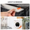 Collage showing product features: removing reinforcement for washing and a washing machine with an arrow indicating easy cleaning. Produktbild-Vorschau
