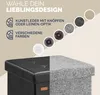 A split image showing two different designs of a storage ottoman, with text and sample swatches above. Produktbild-Vorschau