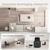 A top-down view of a living room with a robot vacuum cleaner shown in action, along with inset images detailing its battery management and charging schedule features. Produktbild-Vorschau