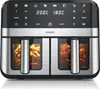 A front view of a dual-chamber air fryer with food inside the chambers. Produktbild-Vorschau