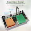 A stainless steel sink with two cutting boards and a faucet, illustrating a dual-track design. Náhľad obrázku produktu