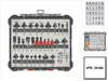 A set of Bosch router bits in a gray and black plastic case, with additional images of the bits and packaging on the side. Podgląd zdjęcia produktu