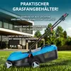 A blue and black electric lawnmower is shown on a green lawn in front of a modern house. Náhled obrázku produktu