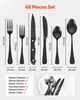 A diagram showing different pieces of cutlery with dimensions and a list of items included in a set. Voir les images du produit