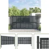 A collage of images showing a dark gray metal garden gate with a square lattice pattern. The main image shows the gate installed in a driveway setting, with smaller inset images showing different views and a close-up of the latch mechanism. Podgląd zdjęcia produktu