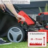 A person's hand is adjusting the height setting on a red and black lawnmower, with a close-up of the height adjustment indicator and grass. Produktbild-Vorschau