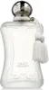 A white frosted glass perfume bottle with a silver cap and white tassels. Voir les images du produit