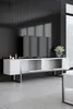 A modern living room with a TV stand and television against a slatted black wall. Anteprima dell’immagine prodotto