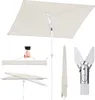 A collage of images showing a beige rectangular patio umbrella in various states: open, folded, and with a close-up of its mechanism. A hand is shown holding the folded umbrella by its handle. Produktbild-Vorschau