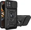 A black phone case with a ring stand and camera cover is displayed against a white background. Produktbild-Vorschau
