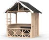 A wooden playhouse with a roof and open sides, set against a white background. Produktbild-Vorschau