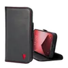 A black leather iPhone case with red stitching and a red bull logo is shown open, with an iPhone inserted and propped up. Anteprima dell’immagine prodotto