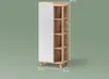 A tall, narrow cabinet with a white door on the left and open shelves on the right, set against a plain green background. Dimensions are indicated by white lines and text. Produktbild-Vorschau