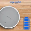 A robot vacuum cleaner is shown on a wooden floor next to a battery icon. Produktbild-Vorschau