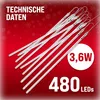 A collection of LED meteor shower tubes on a red background with snowflakes. Produktbild-Vorschau